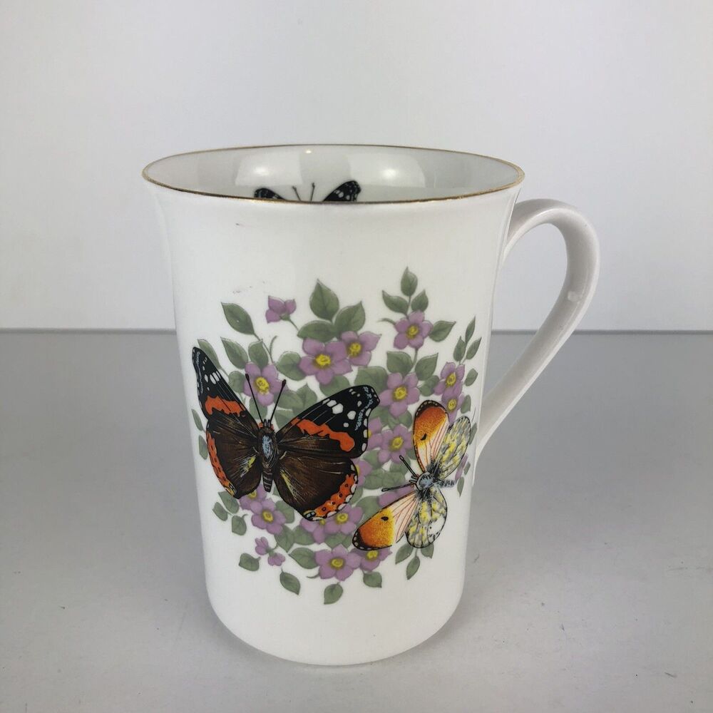 Rare Vintage Berkshire Fine Bone China BLACK Monarch BUTTERFLY Mug England
